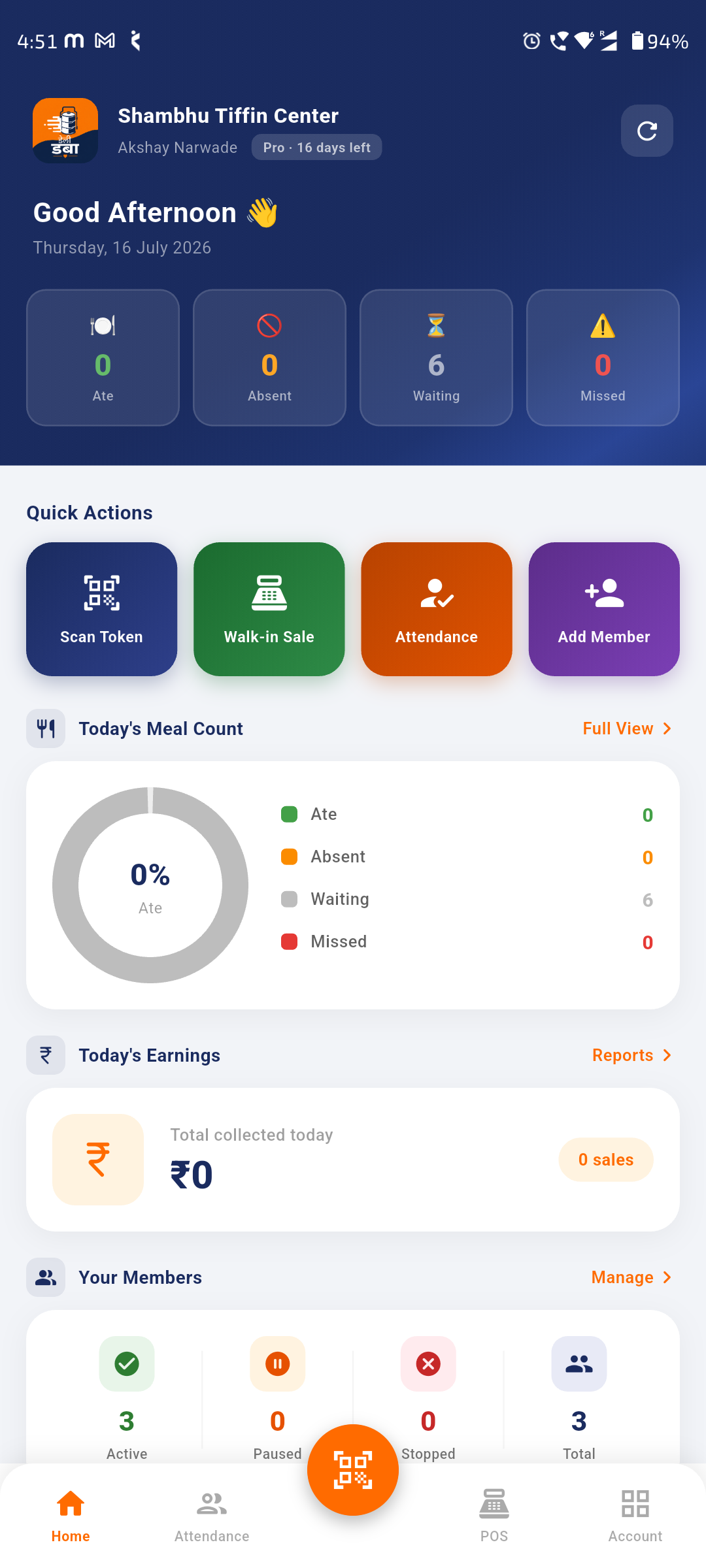 Daily Dabba mess owner app home screen